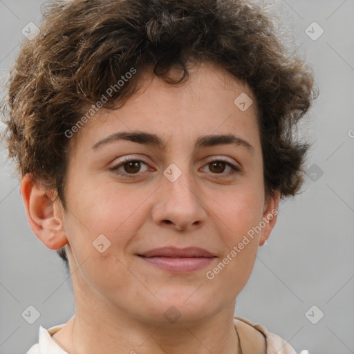 Joyful white adult female with short  brown hair and brown eyes