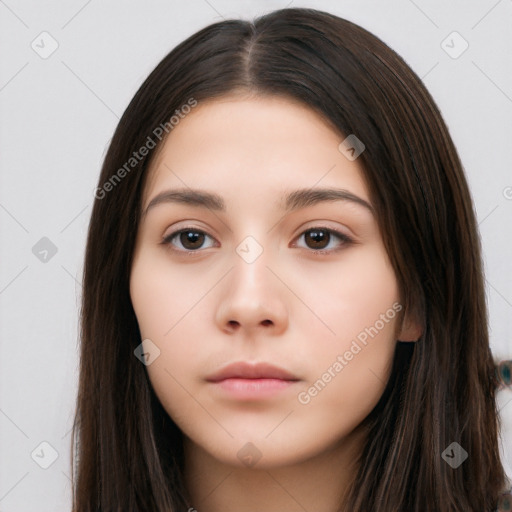 Neutral white young-adult female with long  brown hair and brown eyes