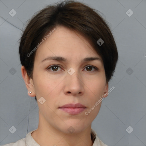 Neutral white young-adult female with short  brown hair and brown eyes