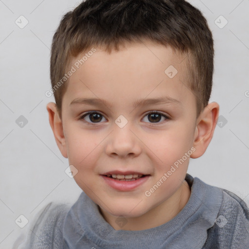Joyful white child male with short  brown hair and brown eyes