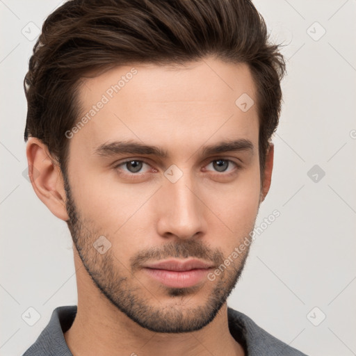 Neutral white young-adult male with short  brown hair and brown eyes