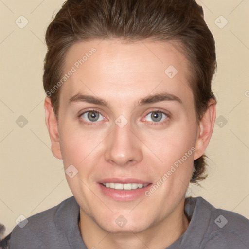 Joyful white young-adult female with short  brown hair and grey eyes