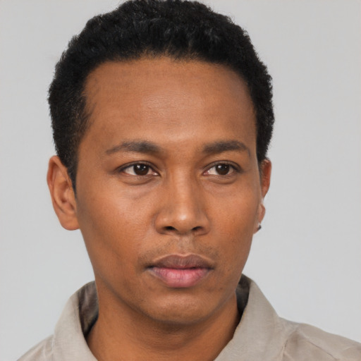 Neutral black young-adult male with short  black hair and brown eyes