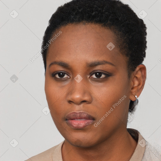 Neutral black young-adult female with short  black hair and brown eyes