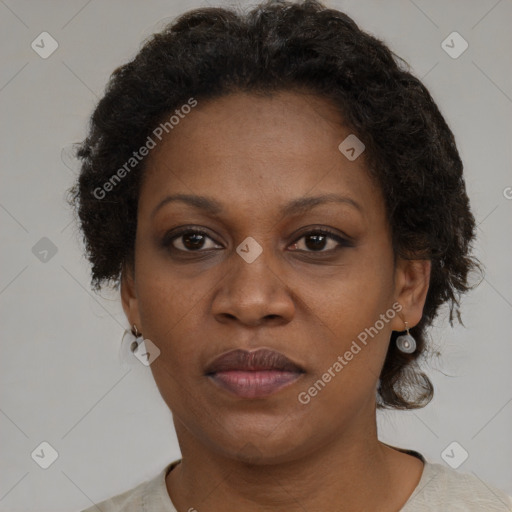 Neutral black adult female with short  brown hair and brown eyes