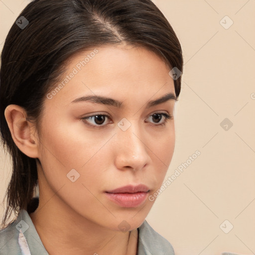 Neutral white young-adult female with medium  brown hair and brown eyes