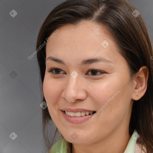 Joyful white young-adult female with medium  brown hair and brown eyes