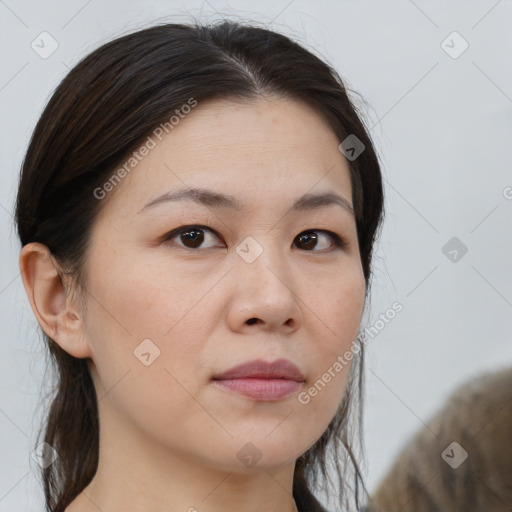 Neutral white young-adult female with medium  brown hair and brown eyes