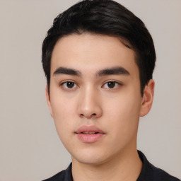 Neutral asian young-adult male with short  black hair and brown eyes