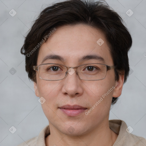 Joyful white adult female with short  brown hair and brown eyes