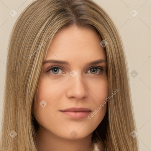 Neutral white young-adult female with long  brown hair and brown eyes