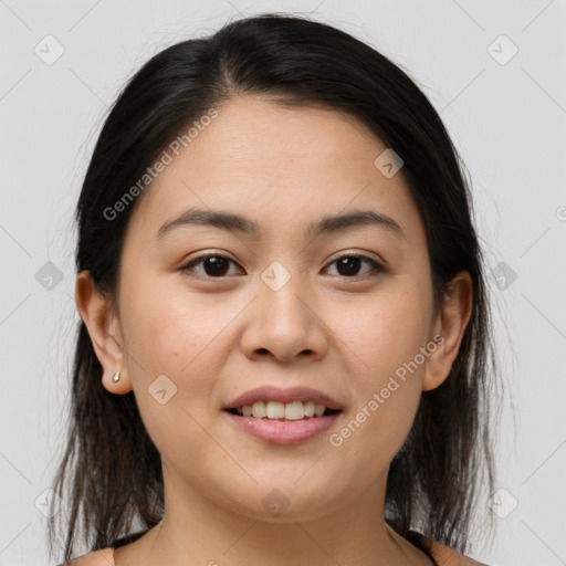 Joyful white young-adult female with medium  brown hair and brown eyes