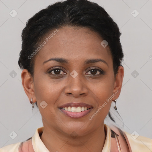 Joyful latino young-adult female with short  brown hair and brown eyes