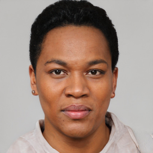 Neutral black young-adult female with short  black hair and brown eyes