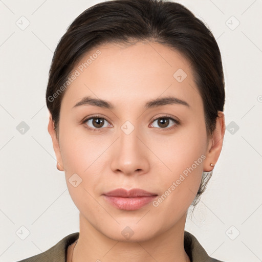 Neutral white young-adult female with short  brown hair and brown eyes