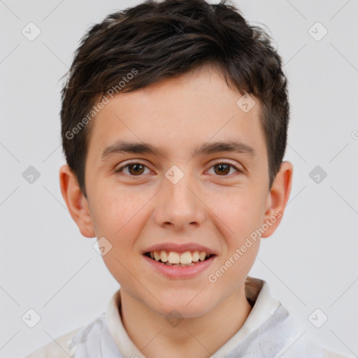 Joyful white child male with short  brown hair and brown eyes