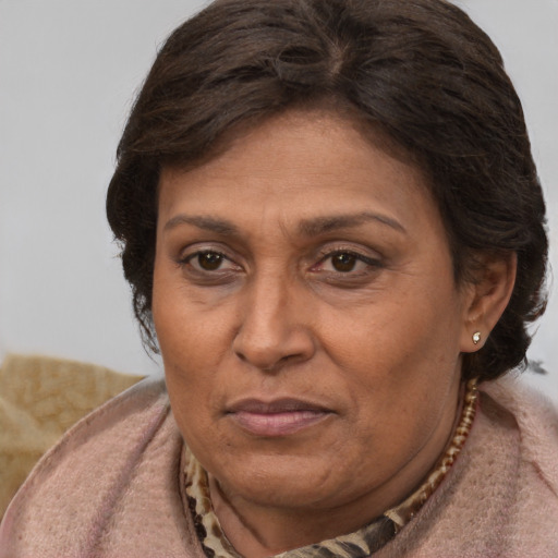 Joyful white adult female with short  brown hair and brown eyes