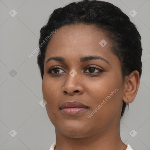 Neutral black young-adult female with short  black hair and brown eyes