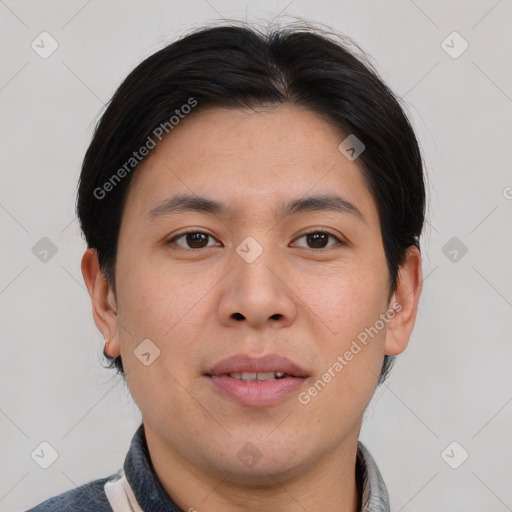 Neutral asian young-adult male with short  brown hair and brown eyes