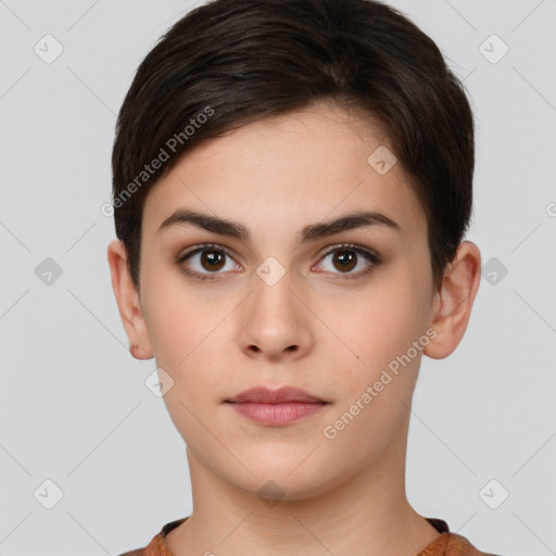 Neutral white young-adult female with short  brown hair and brown eyes