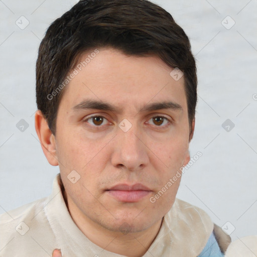 Neutral white young-adult male with short  brown hair and brown eyes