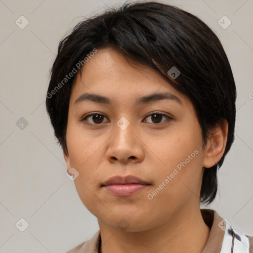 Neutral asian young-adult female with medium  brown hair and brown eyes