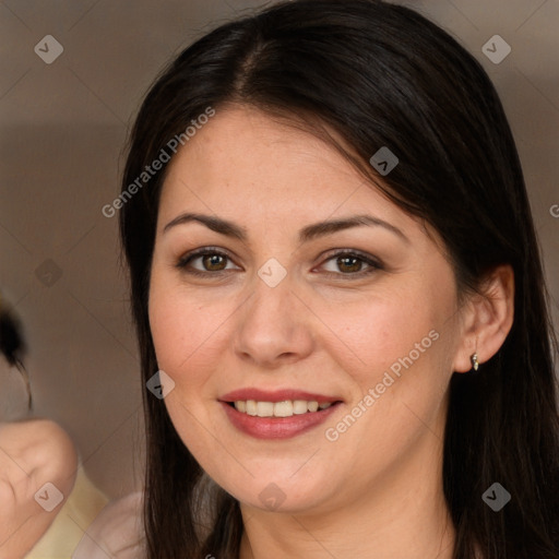 Joyful white young-adult female with long  brown hair and brown eyes