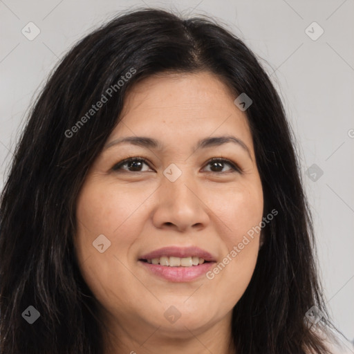 Joyful asian young-adult female with long  brown hair and brown eyes