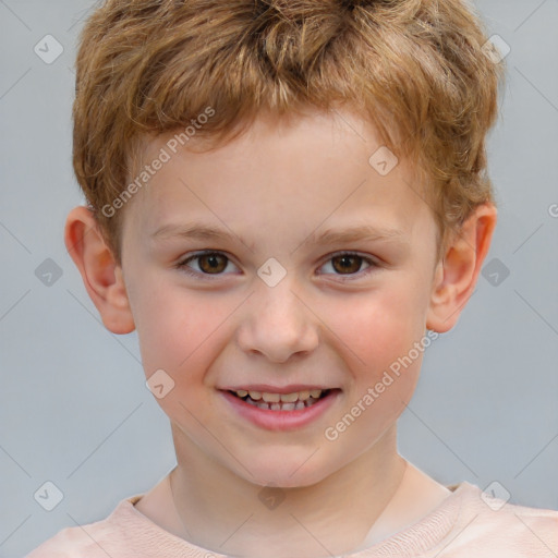 Joyful white child male with short  brown hair and brown eyes