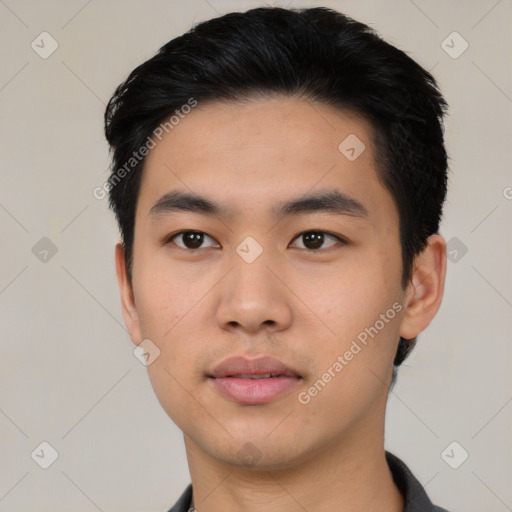 Neutral asian young-adult male with short  black hair and brown eyes