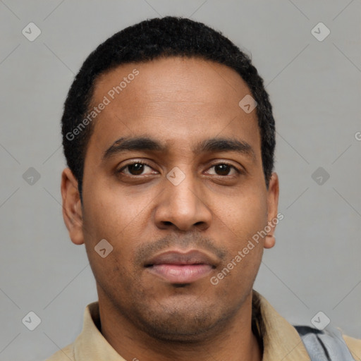 Neutral latino young-adult male with short  black hair and brown eyes