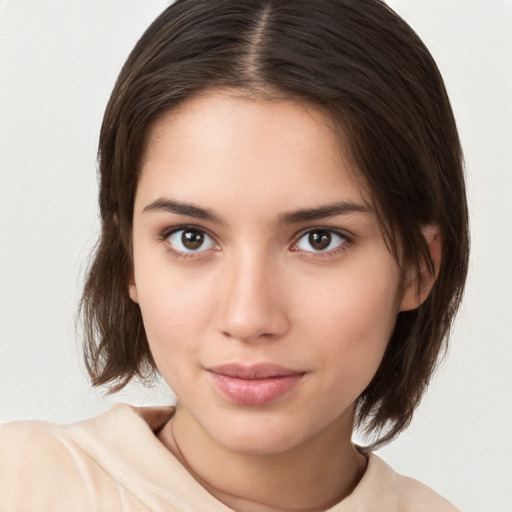 Neutral white young-adult female with medium  brown hair and brown eyes