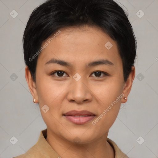 Joyful asian young-adult female with short  black hair and brown eyes