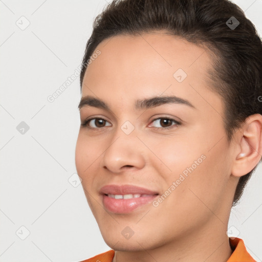 Joyful white young-adult female with short  brown hair and brown eyes