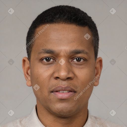 Neutral latino young-adult male with short  brown hair and brown eyes
