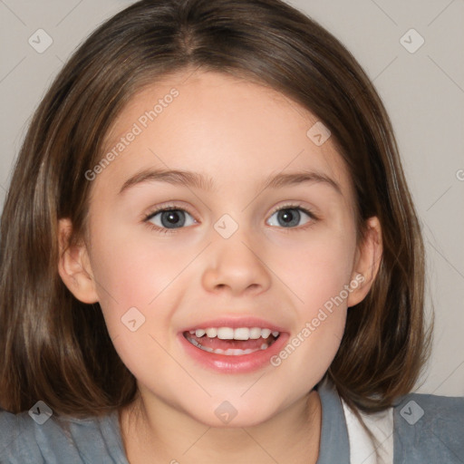 Joyful white child female with medium  brown hair and brown eyes