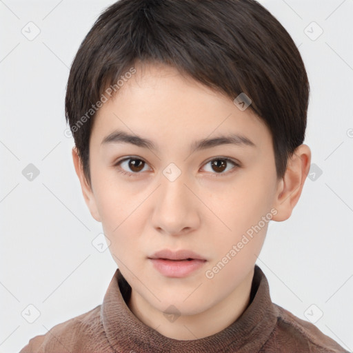 Neutral white young-adult female with short  brown hair and brown eyes