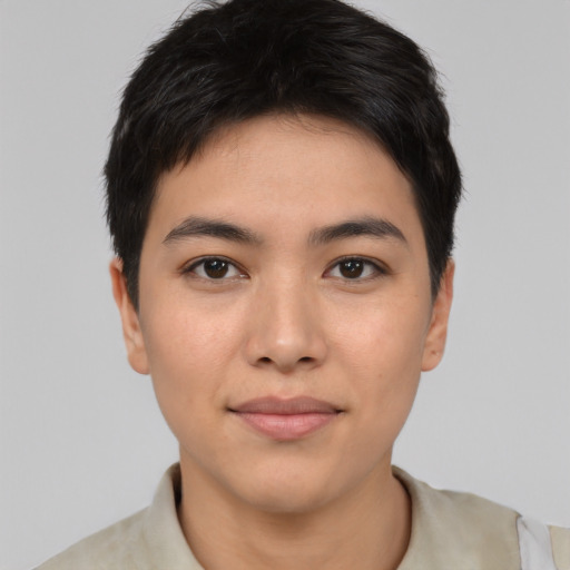 Joyful asian young-adult male with short  black hair and brown eyes