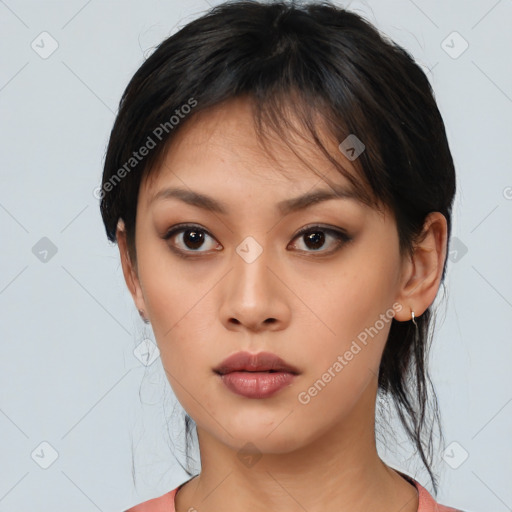 Neutral asian young-adult female with medium  brown hair and brown eyes