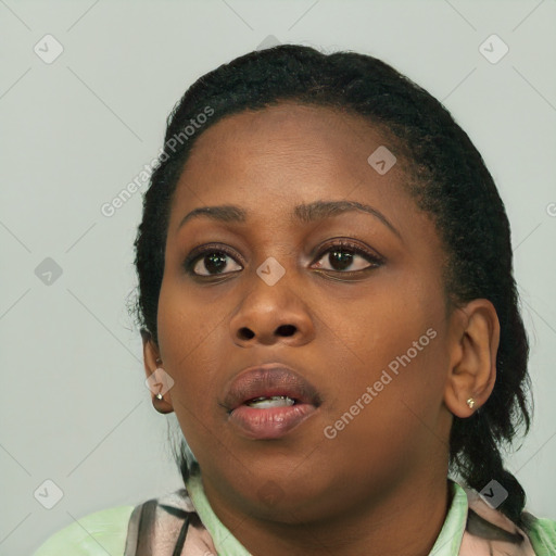 Neutral black young-adult female with short  black hair and brown eyes