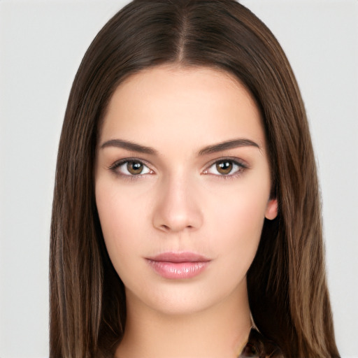 Neutral white young-adult female with long  brown hair and brown eyes