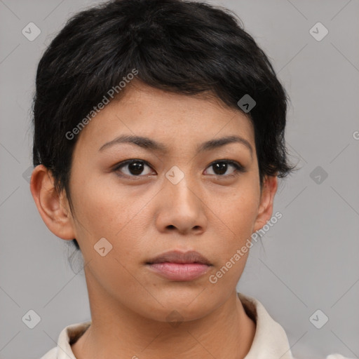Neutral asian young-adult female with short  brown hair and brown eyes