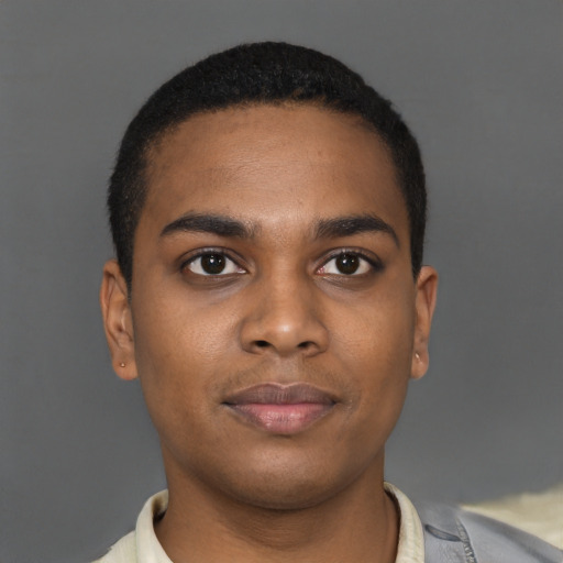 Neutral black young-adult male with short  brown hair and brown eyes
