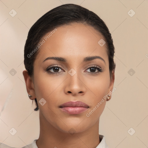 Neutral latino young-adult female with short  black hair and brown eyes