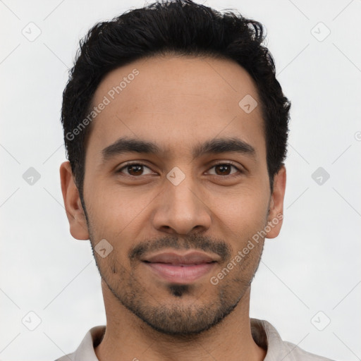 Neutral latino young-adult male with short  black hair and brown eyes