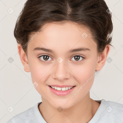 Joyful white child female with short  brown hair and brown eyes