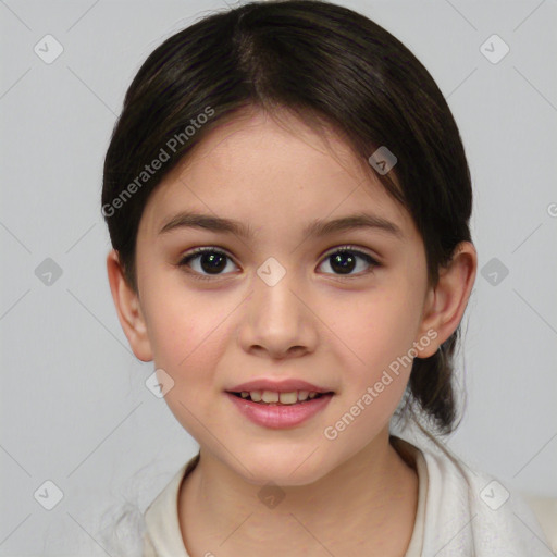 Joyful white child female with medium  brown hair and brown eyes