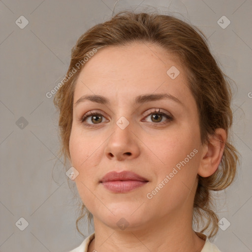 Neutral white young-adult female with medium  brown hair and brown eyes