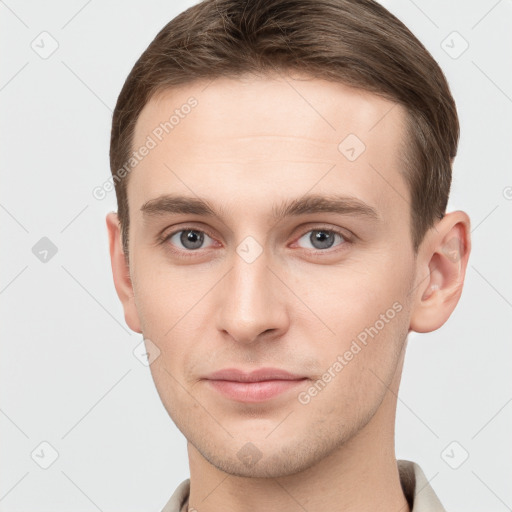 Neutral white young-adult male with short  brown hair and grey eyes