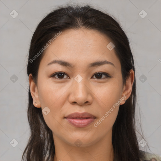 Joyful white young-adult female with long  brown hair and brown eyes